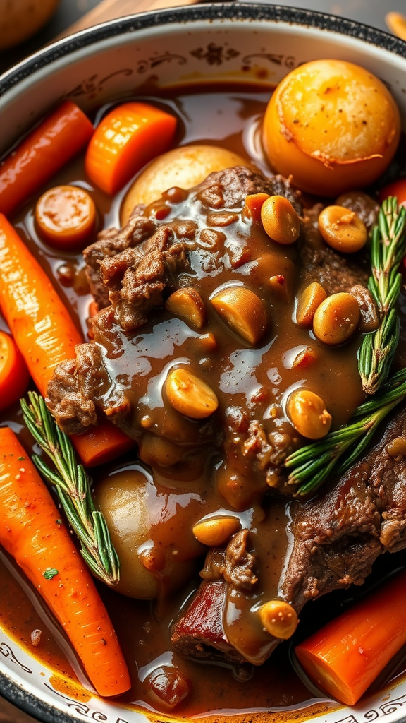 A bowl of pot roast with carrots and potatoes in gravy, garnished with herbs.
