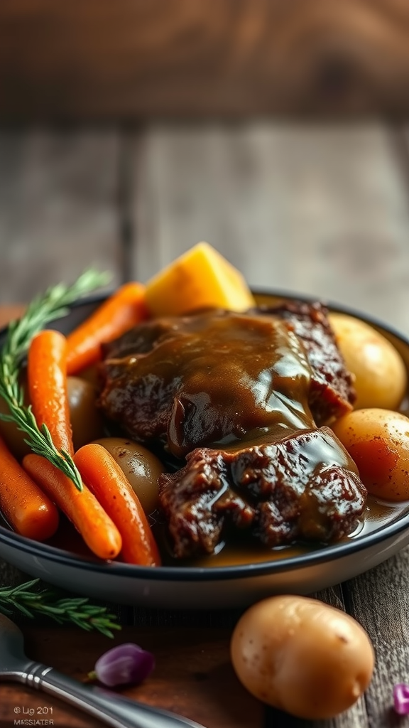 A hearty pot roast with carrots and potatoes in a bowl