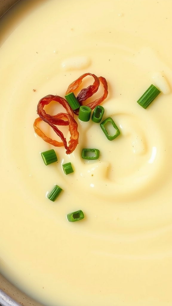 Creamy potato leek soup garnished with green onions and crispy shallots.