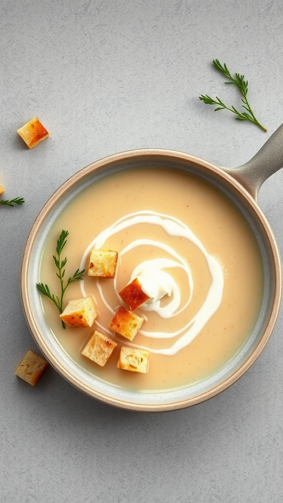 A bowl of creamy potato leek soup garnished with croutons and herbs.