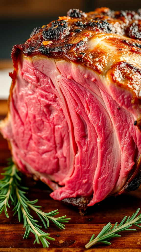 A close-up of a perfectly cooked prime rib roast with a crispy crust and juicy interior, garnished with fresh rosemary.