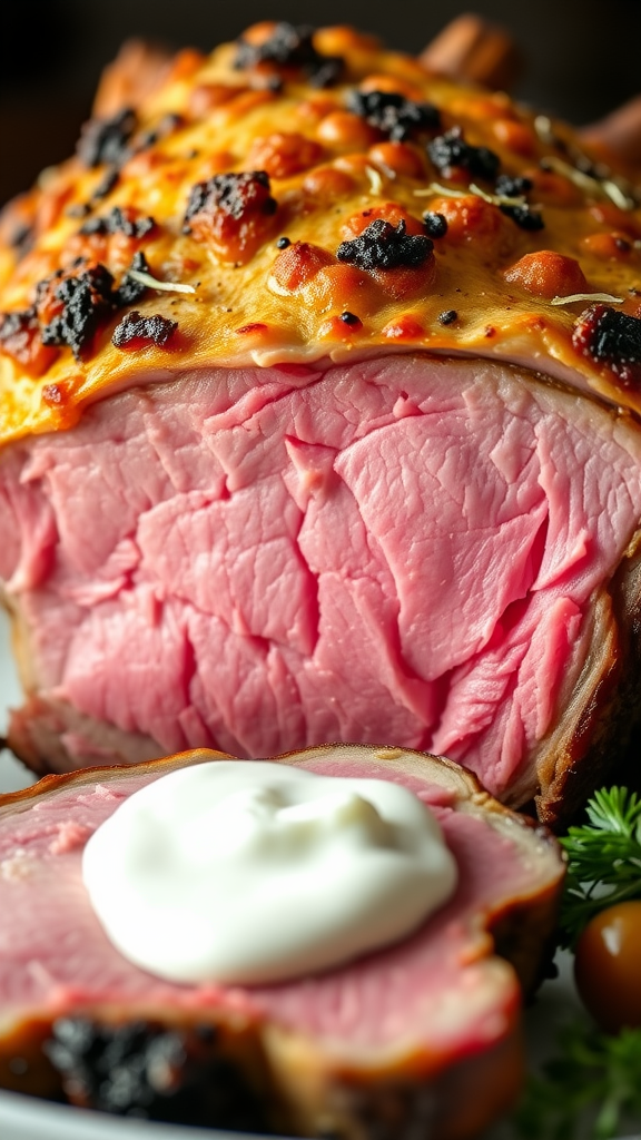 A close-up of a perfectly cooked prime rib roast, showcasing the tender pink meat and a crispy, golden crust.