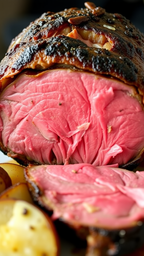 A beautifully cooked prime rib roast sliced to reveal its tender pink interior, served with potatoes.