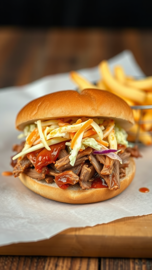 A pulled pork sandwich with slaw and fries on the side