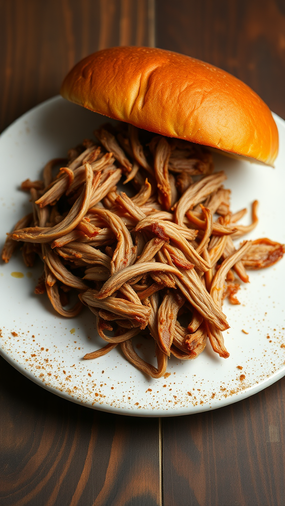 A plate of tender pulled pork with a soft bun on top