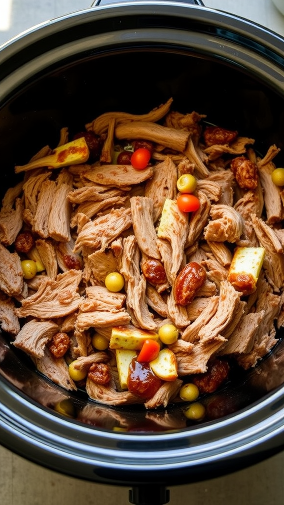 Pulled pork in a crockpot with vegetables and sauce