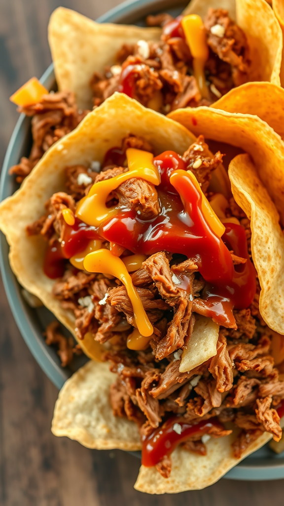 A bowl of pulled pork nachos topped with cheese and sauces.