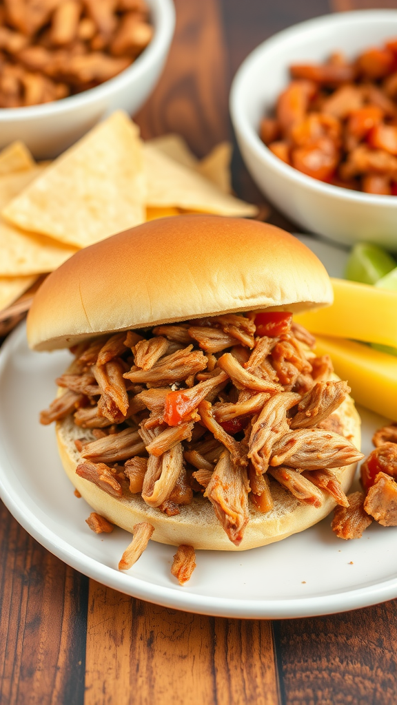 Delicious pulled pork sandwich with toppings and chips