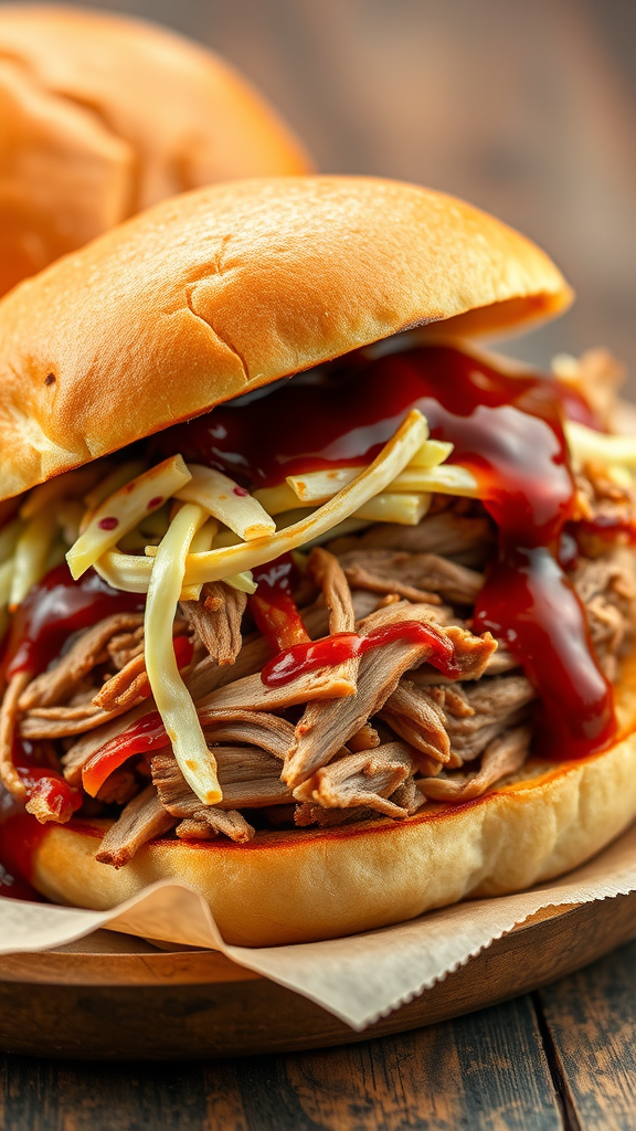 A close-up of a pulled pork sandwich with barbecue sauce and coleslaw on a wooden table.
