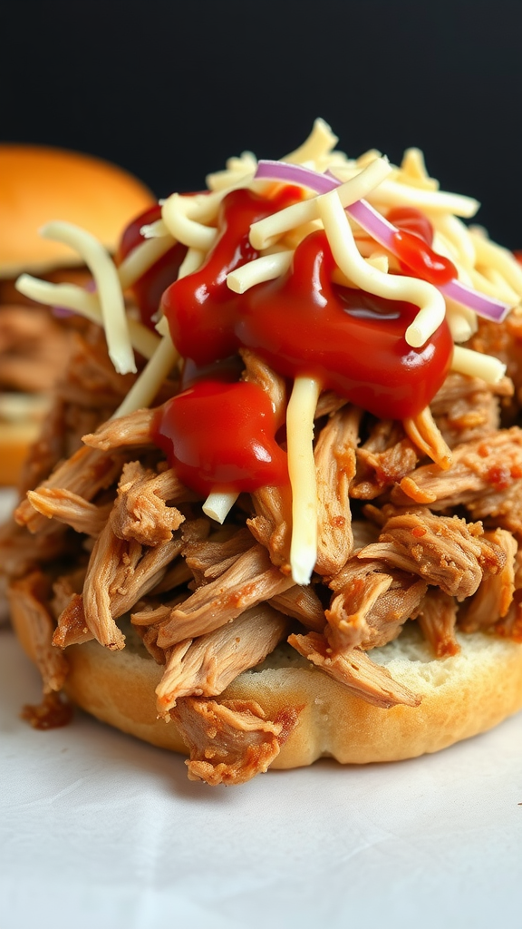 A delicious pulled pork sandwich topped with ketchup and cheese on a soft bun.