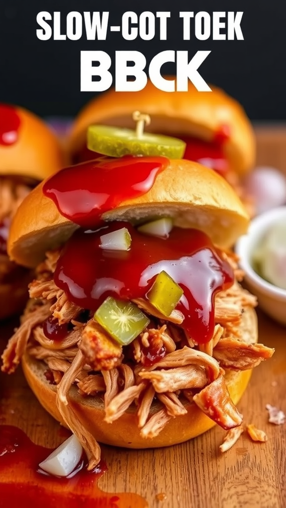 A close-up of pulled pork sandwiches topped with barbecue sauce and pickles on a wooden surface.