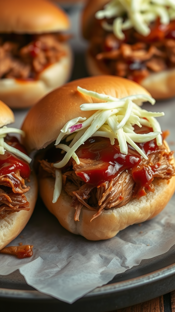 Close-up of pulled pork sandwiches topped with coleslaw and barbecue sauce.