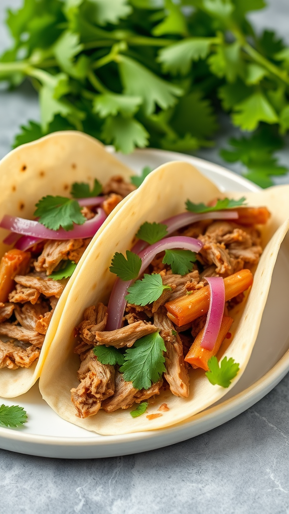 Three pulled pork tacos topped with cilantro and red onions on a plate.