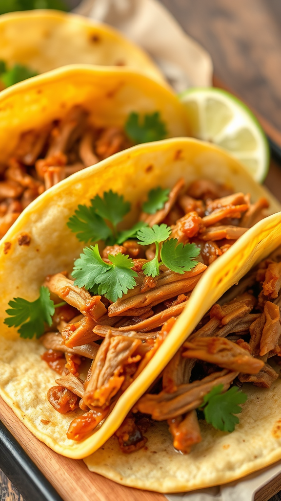 Three pulled pork tacos topped with cilantro and served with lime.
