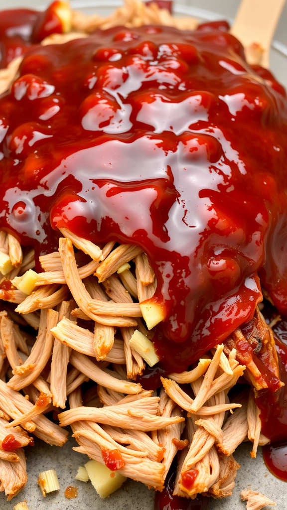 Shredded pulled pork covered in barbecue sauce