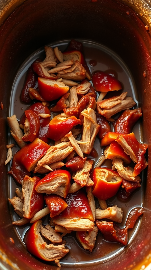 A close-up of pulled pork with BBQ sauce and red bell peppers in a slow cooker.