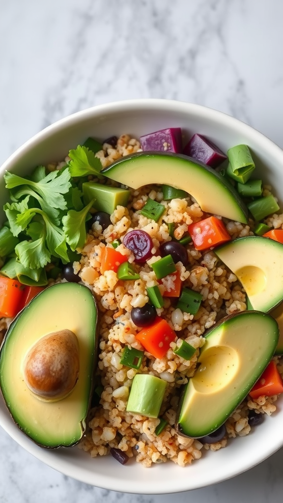 A colorful quinoa grain bowl featuring quinoa, avocado, and fresh vegetables.