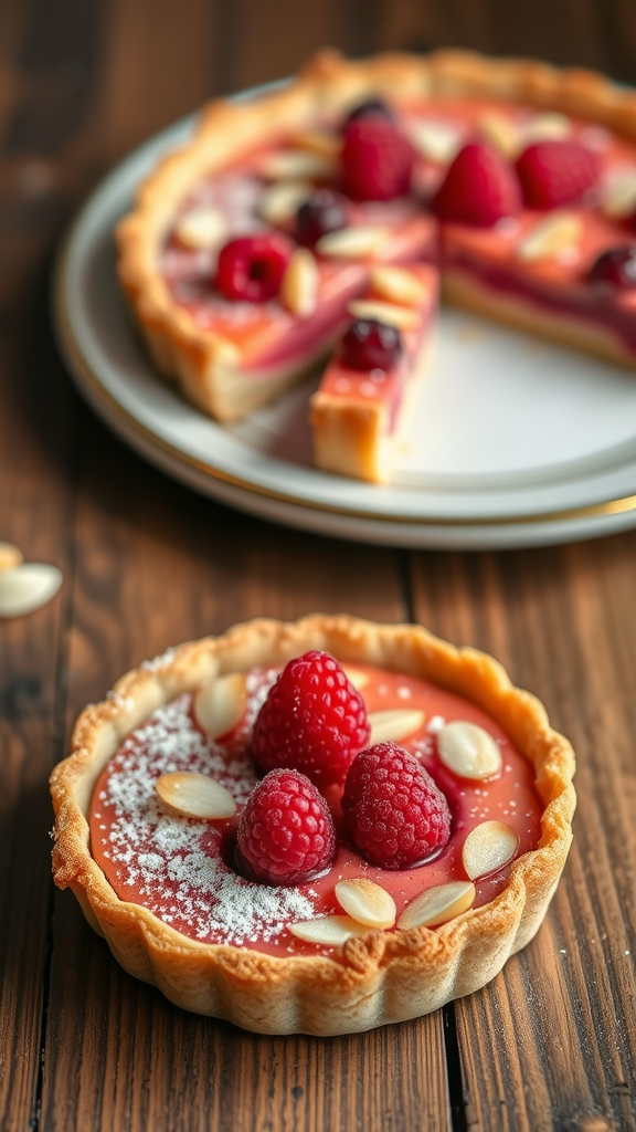A raspberry almond tart with fresh raspberries and almond slices on top, with a slice taken out, sitting on a wooden table.