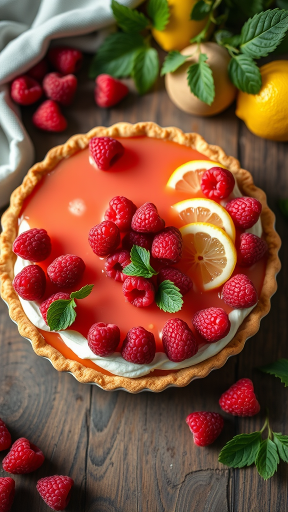 A vibrant Raspberry Lemonade Pie topped with fresh raspberries and lemon slices.