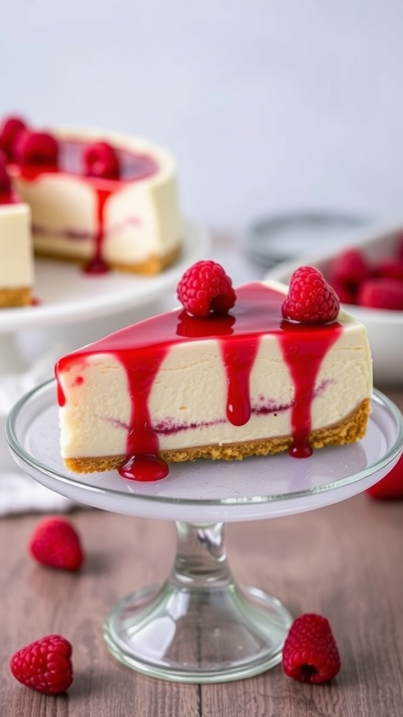 A slice of Raspberry White Chocolate Cheesecake with raspberry sauce and fresh raspberries on top, served on a glass cake stand.