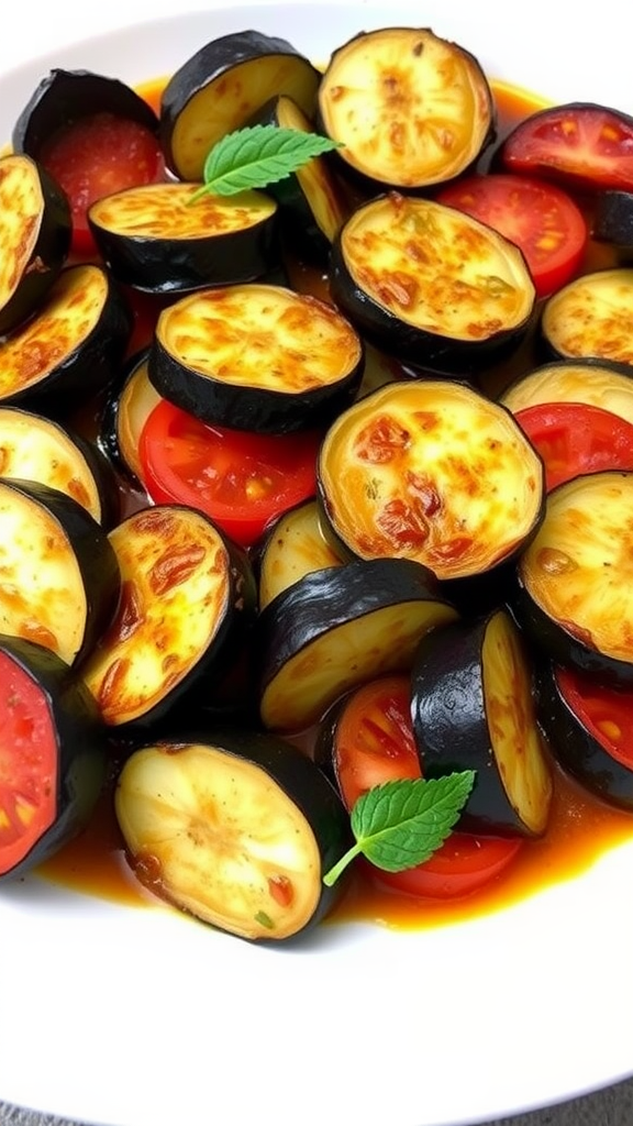 A colorful dish of ratatouille with zucchini, tomatoes, and herbs in a bowl.