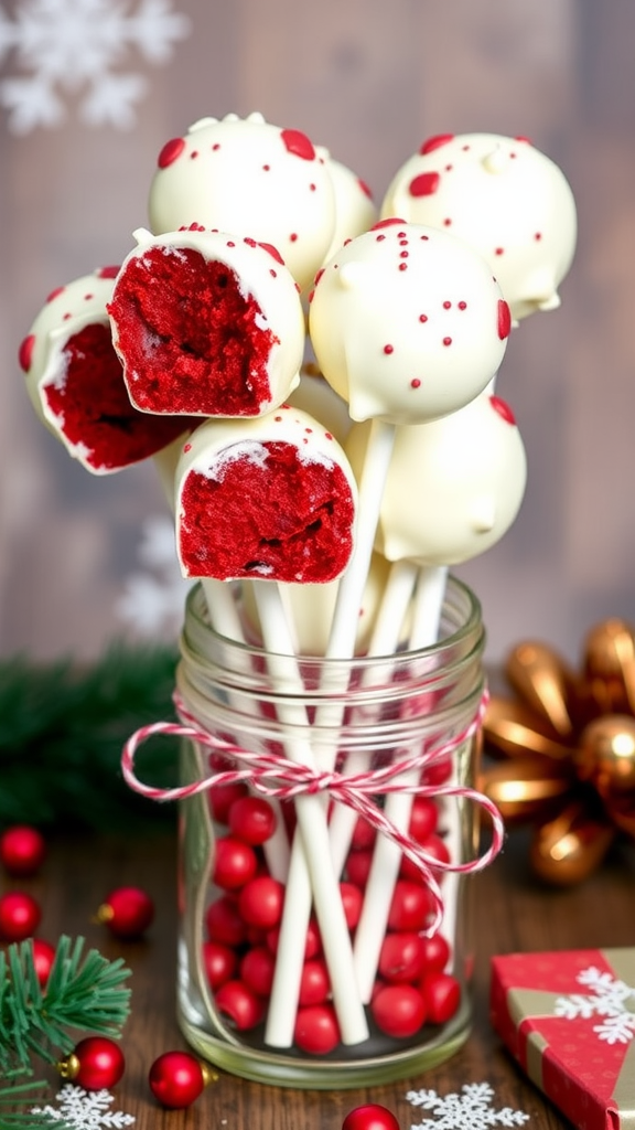 A jar filled with red velvet cake pops decorated with sprinkles, surrounded by festive decorations.