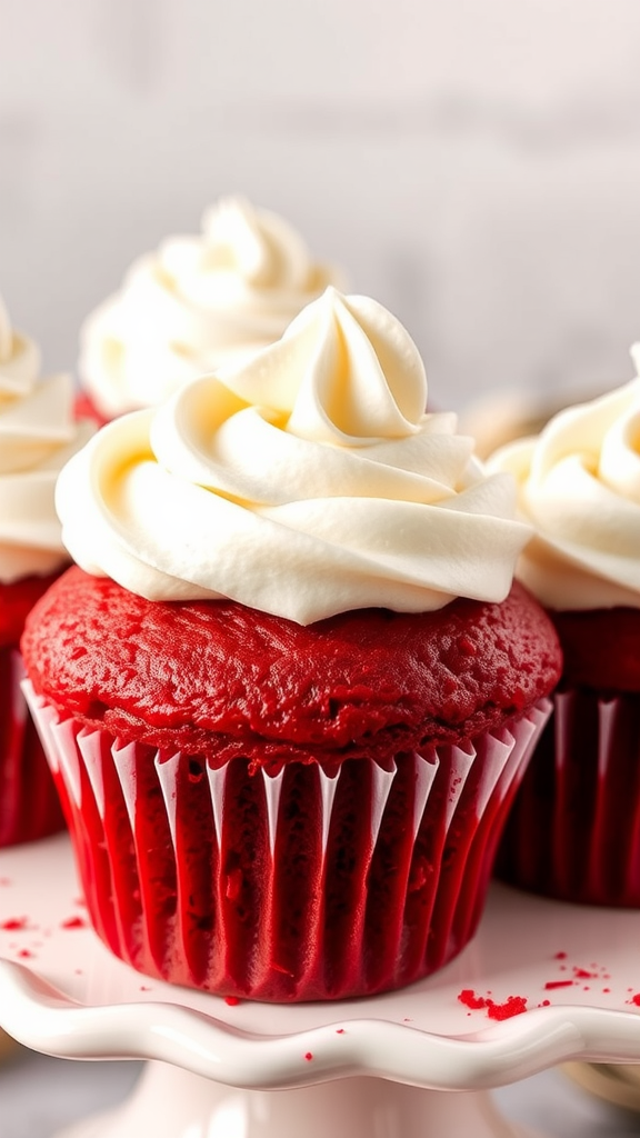 Close-up of red velvet cupcakes topped with cream cheese frosting on a decorative stand.