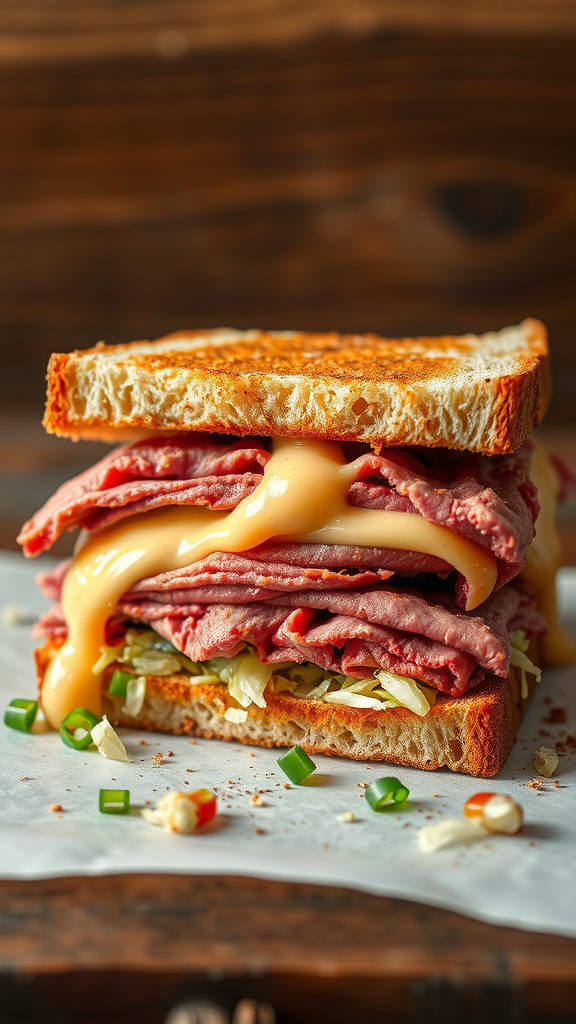 A delicious Reuben sandwich with layers of corned beef, melted cheese, and sauerkraut between toasted bread.