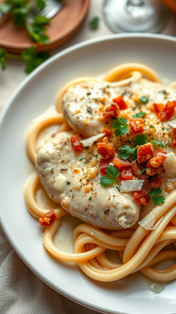 A plate of rich and creamy chicken carbonara pasta topped with herbs and diced tomatoes.