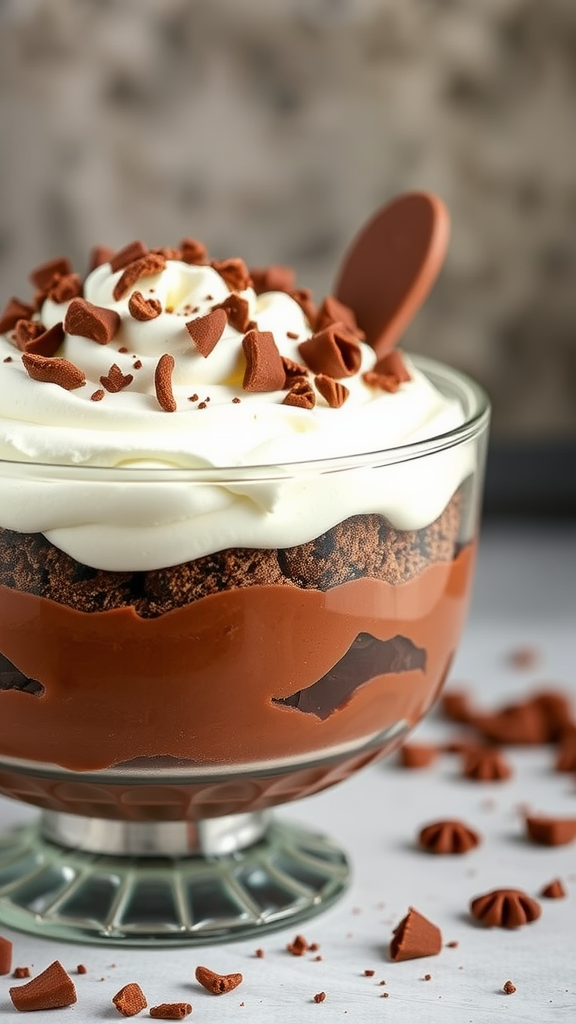 A rich chocolate trifle with layers of chocolate mousse and whipped cream, topped with chocolate shavings.