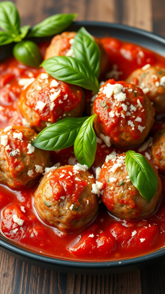 A plate of ricotta meatballs in tomato sauce garnished with basil leaves.
