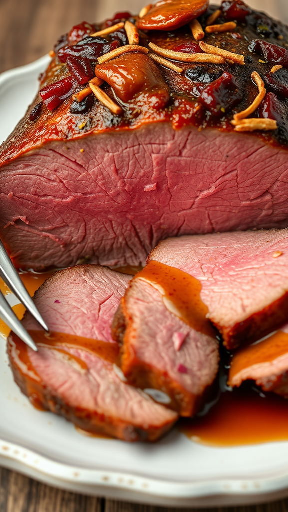 Deliciously cooked roast beef with garnishes and sliced portions