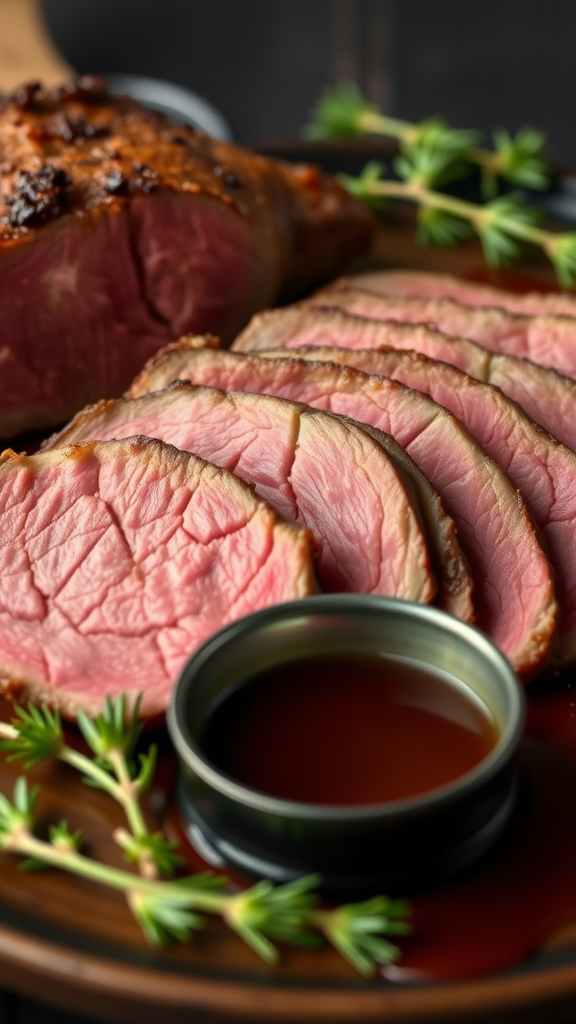Sliced roast beef with a rich sauce and fresh herbs on a wooden platter