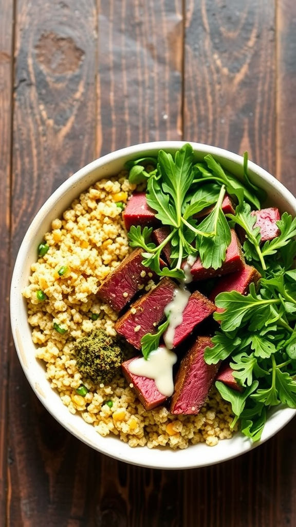 A close-up of a roast beef grain bowl with couscous, fresh greens, and a drizzle of sauce in a white bowl.