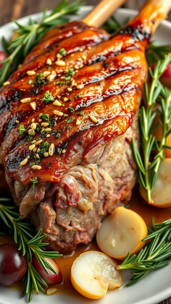 A beautifully roasted leg of lamb garnished with herbs and vegetables on a platter.