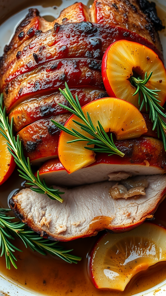 A beautifully roasted pork with apple slices and rosemary garnish