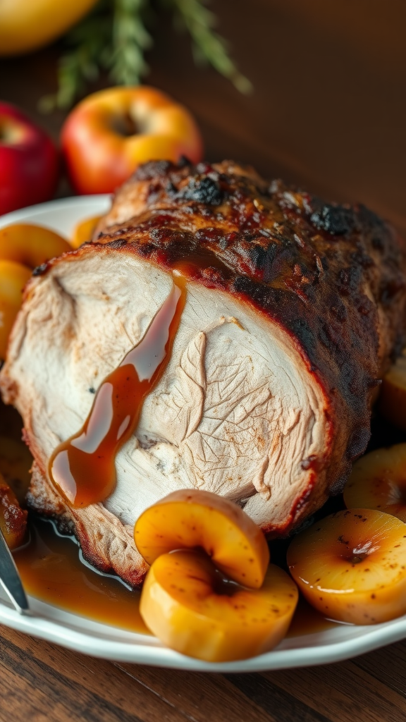 A plate of roast pork with sliced apples and sauce