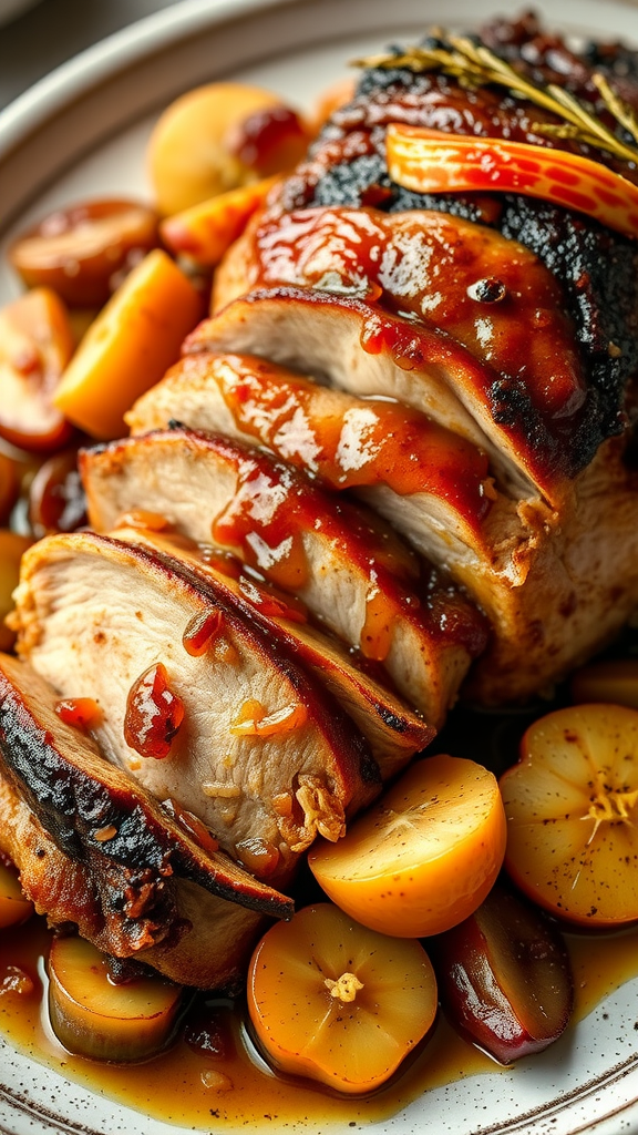 A succulent roast pork with apples, sliced and garnished, surrounded by tender apple slices.
