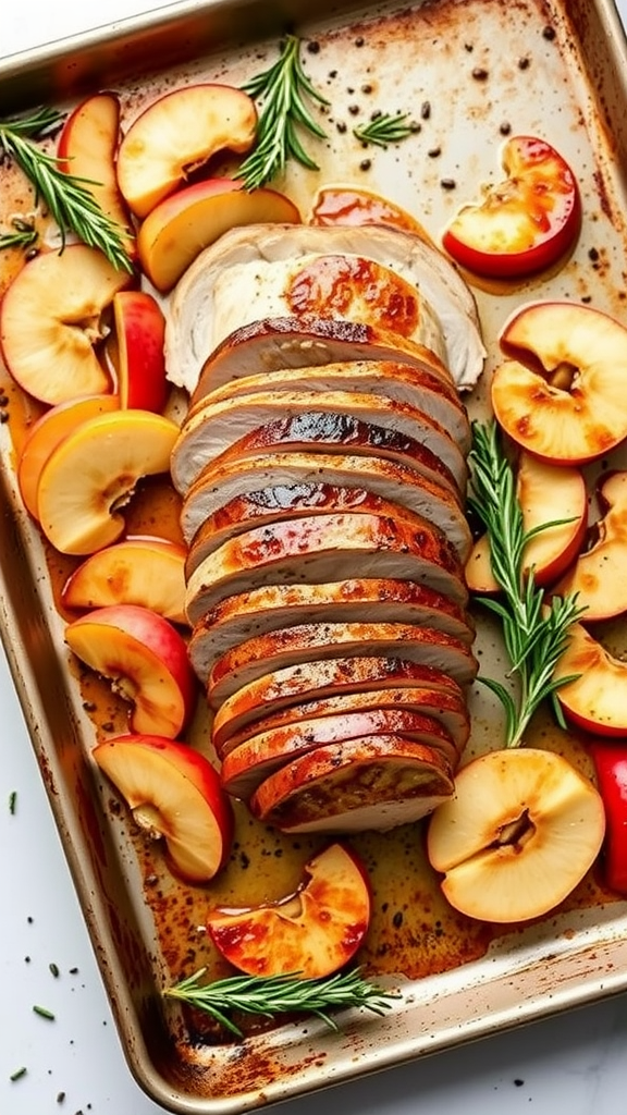 A beautifully roasted pork loin topped with apple slices and garnished with rosemary.