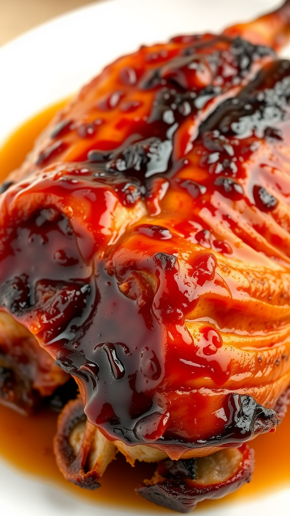 A beautifully roasted duck drizzled with a shiny orange glaze on a white plate.