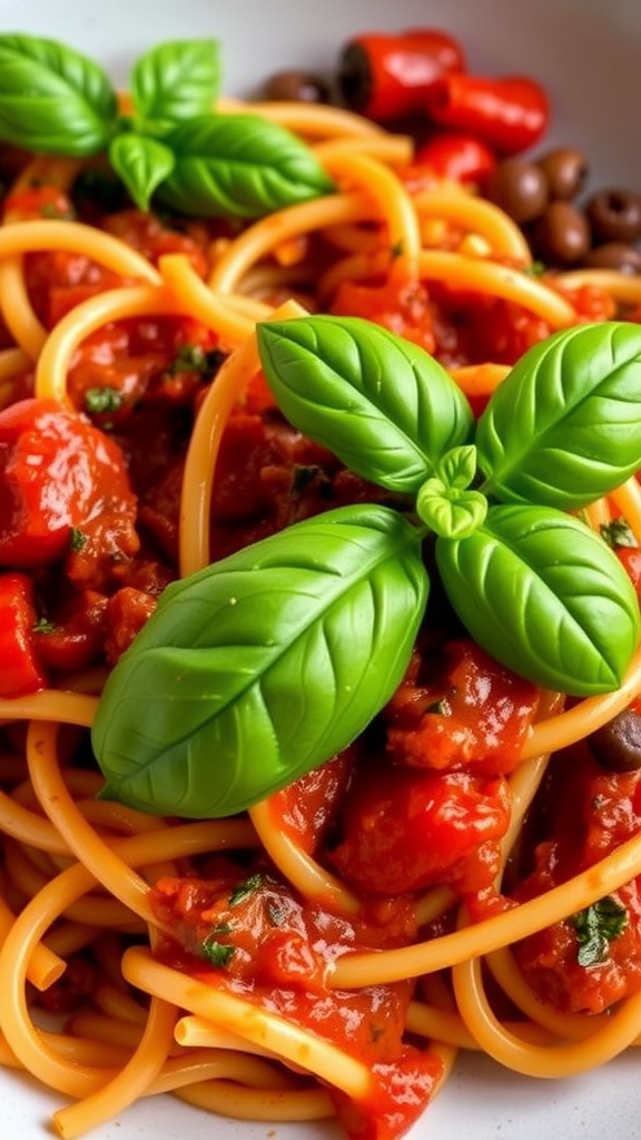 A plate of roasted red pepper pasta topped with fresh basil leaves