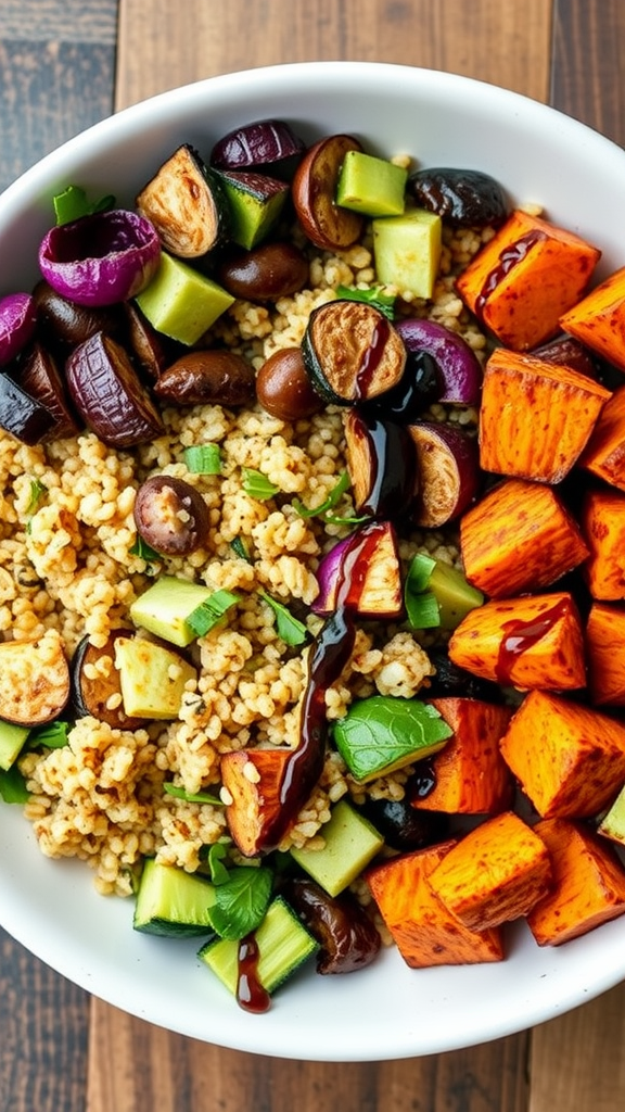 A colorful grain bowl with roasted sweet potatoes, eggplants, and grains.