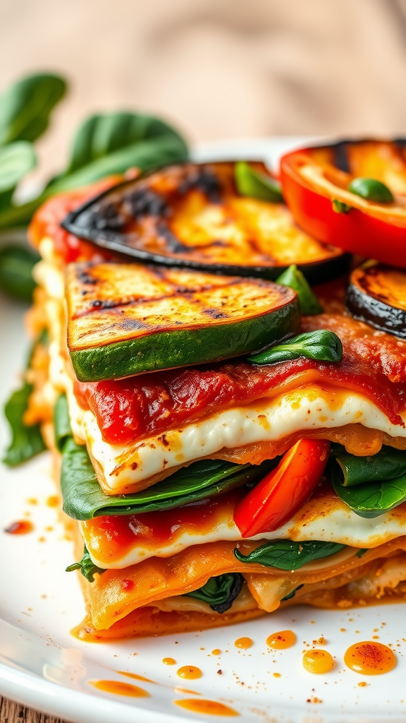 A delicious roasted vegetable lasagna with layers of grilled vegetables and cheese on a plate.