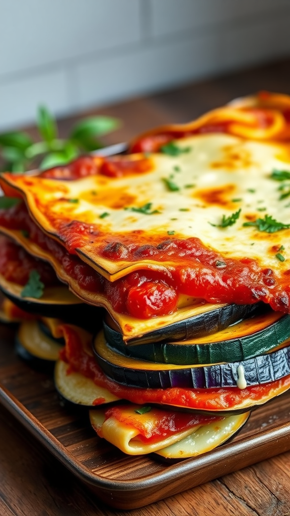 A delicious roasted vegetable lasagna with layers of cheese and vibrant vegetables