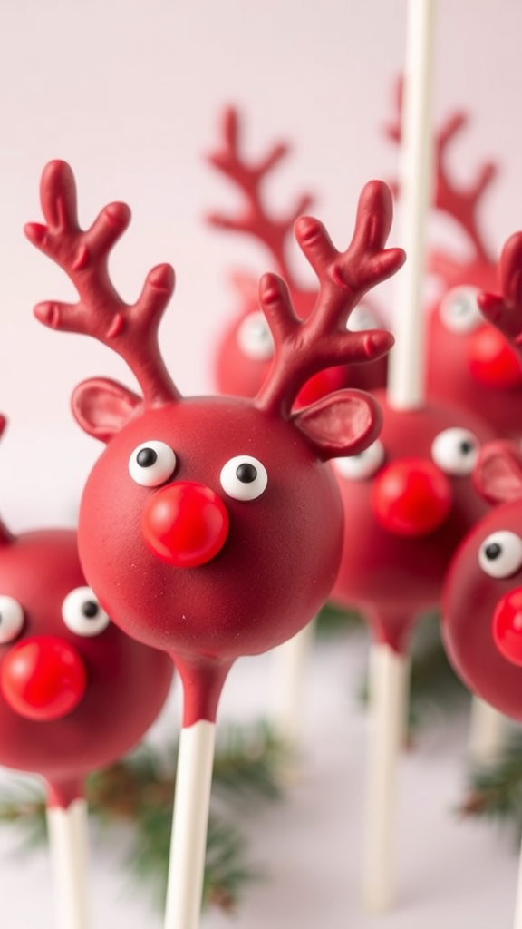 A close-up of Rudolph-themed red velvet cake pops decorated with antlers and a red nose