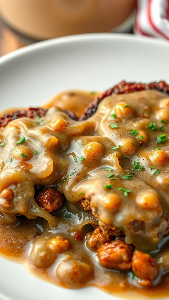 A delicious plate of Salisbury steak with onions and gravy, garnished with parsley.