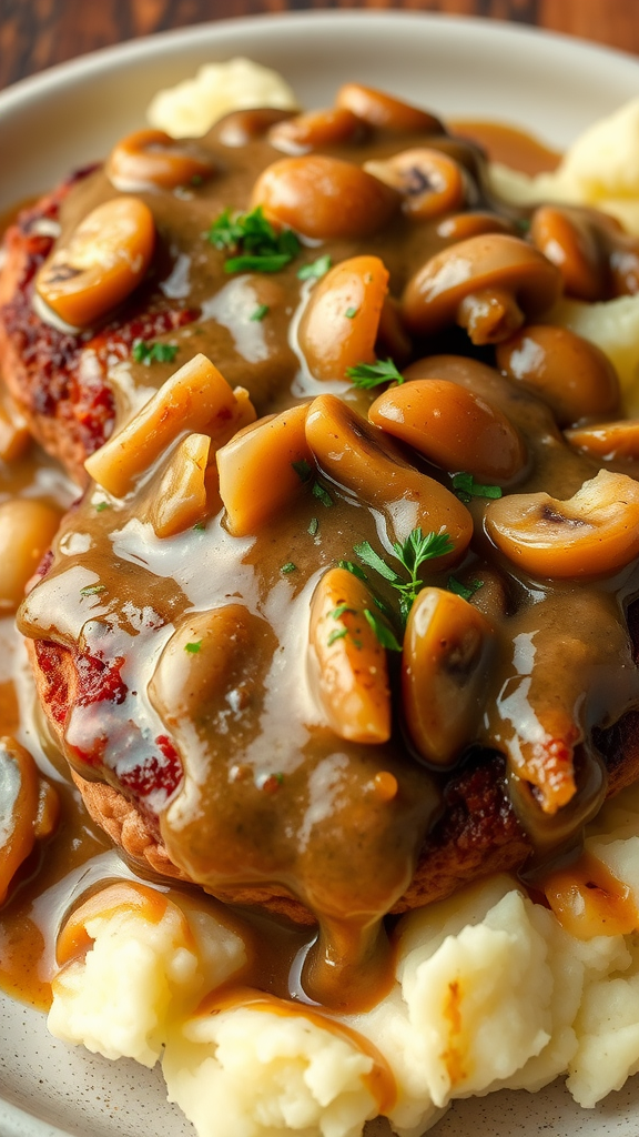 Salisbury steak with mushrooms and gravy served on mashed potatoes