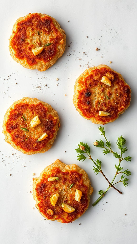 Golden brown salmon patties on a white surface, garnished with garlic and herbs.