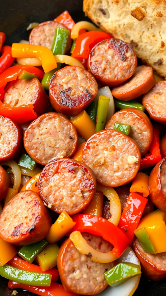 Sliced sausage mixed with colorful bell peppers and onions.