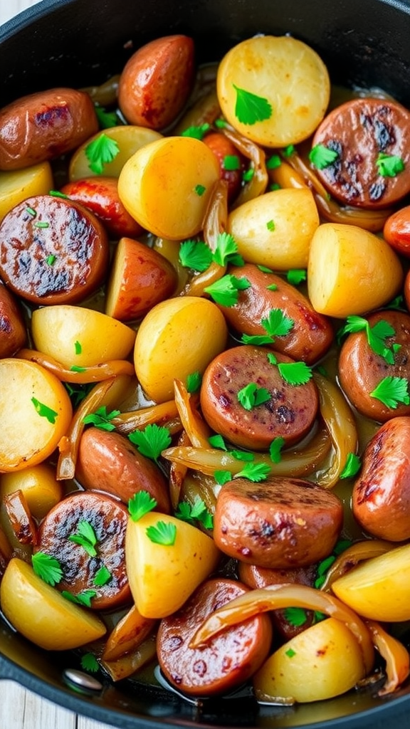 A skillet filled with sausage, potatoes, and fresh parsley.